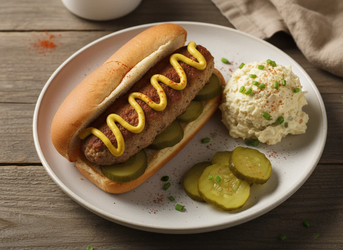 Homemade Burger with Potato Salad and Pickles photo