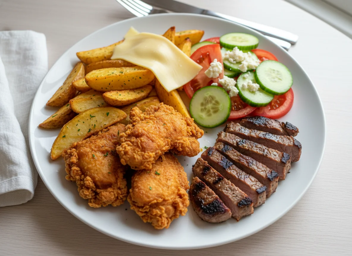 Homemade meal with fries, meat, and salad photo