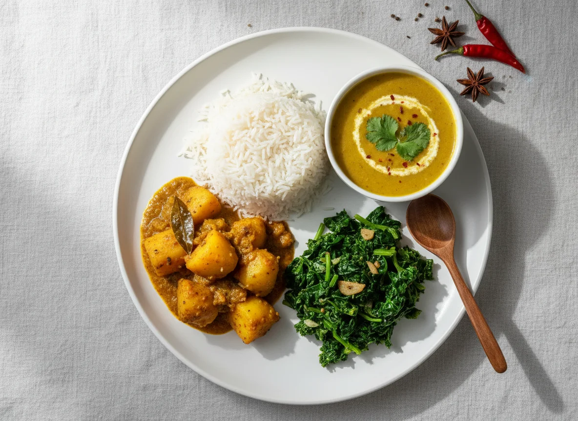 Homemade Meal with Rice, Greens, Potato Curry, and Lentil Soup photo
