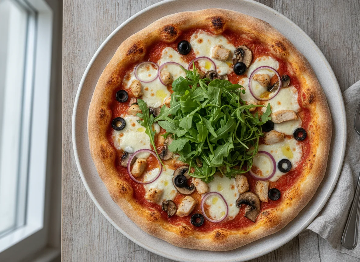 Homemade Pizza with Chicken, Mushrooms, and Arugula photo