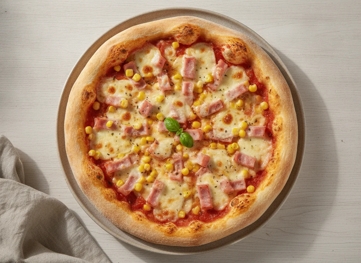 Homemade Pizza with Ham and Corn photo