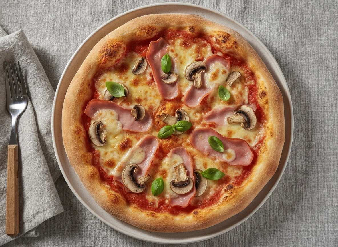 Homemade Pizza with Ham and Mushrooms photo