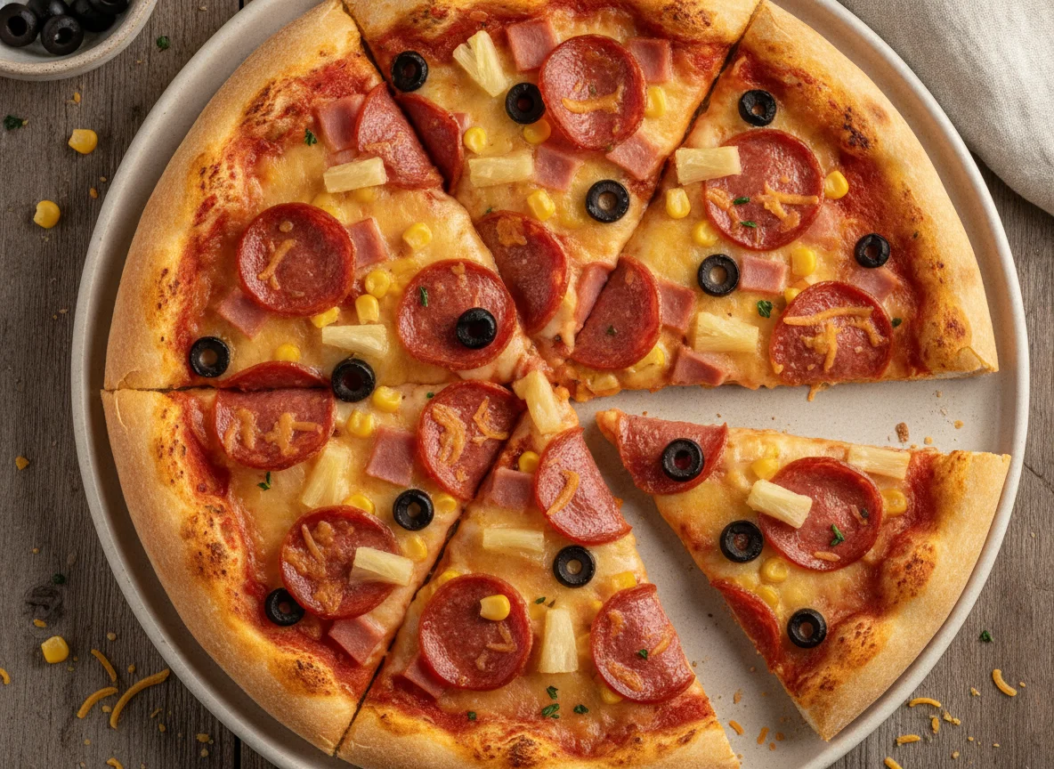 Homemade Pizza with Ham, Pepperoni, Sweetcorn, and Olives photo