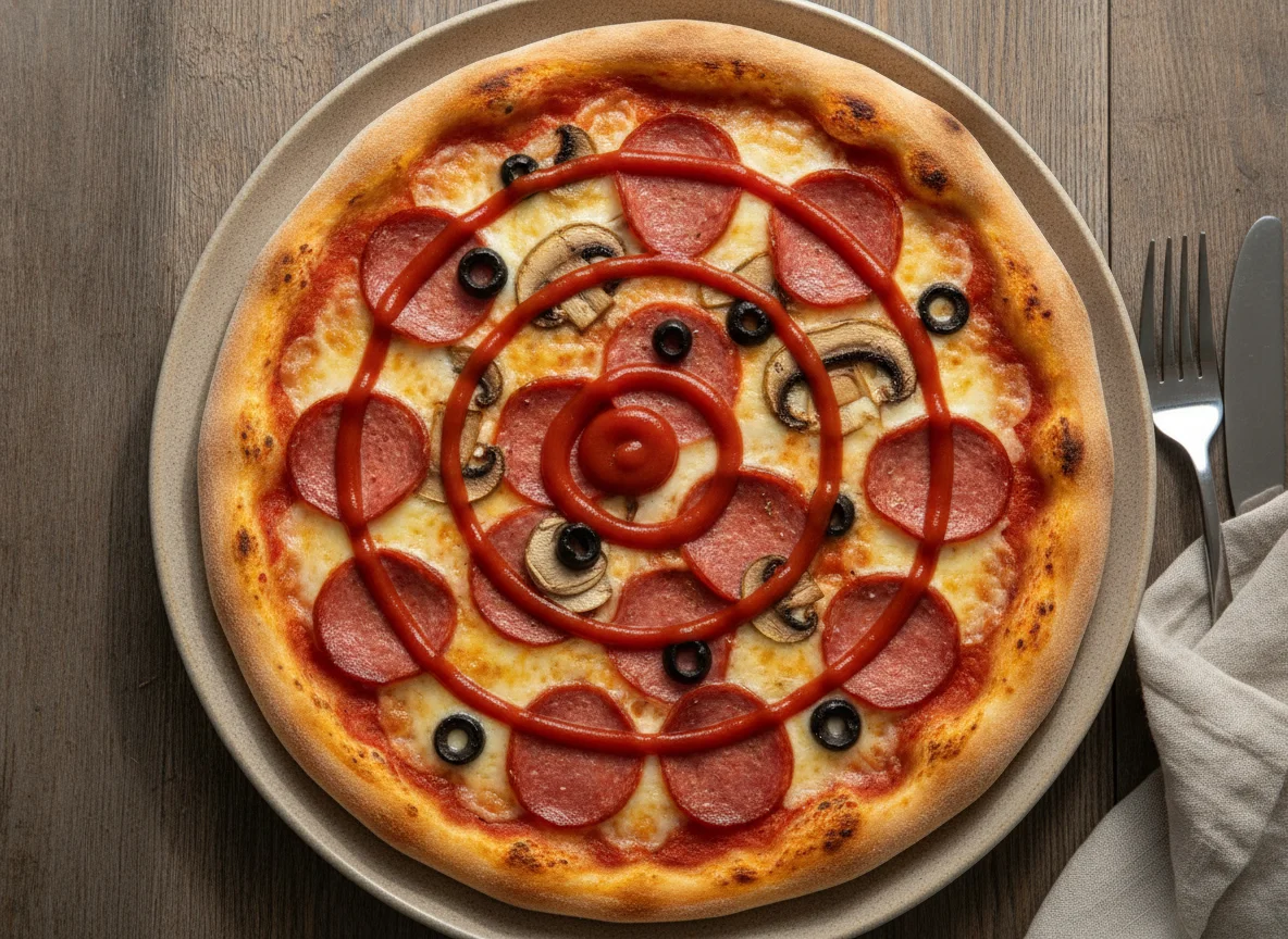 Homemade Pizza with Salami, Mushrooms, and Ketchup photo