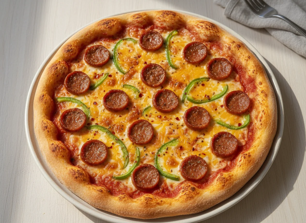 Homemade Pizza with Sausage, Peppers, and Cheese photo