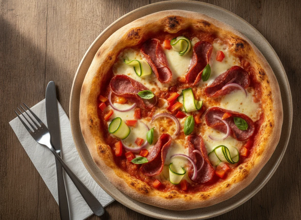 Homemade Pizza with Zucchini, Salami, and Peppers photo