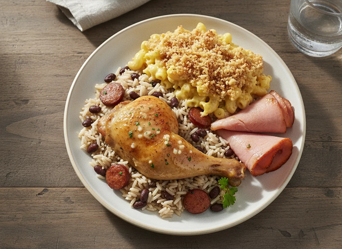 Homestyle Meal with Chicken, Rice and Beans, Mac and Cheese, and Ham photo