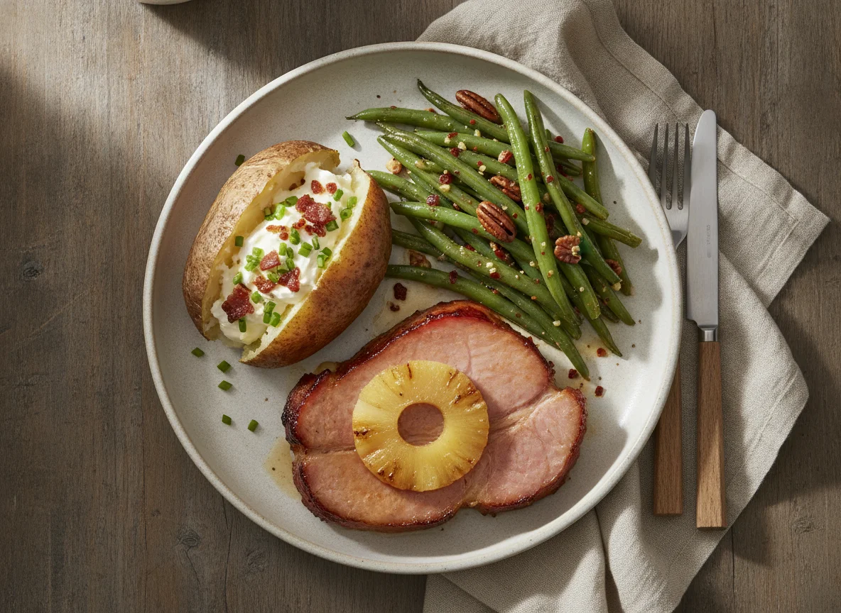 Homestyle Meal with Ham, Potato, and Green Beans photo