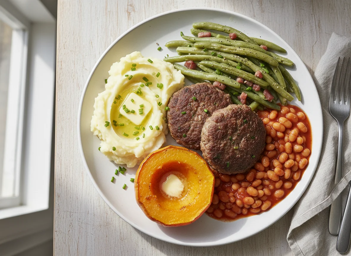Homestyle Meal with Meat Patties and Vegetables photo