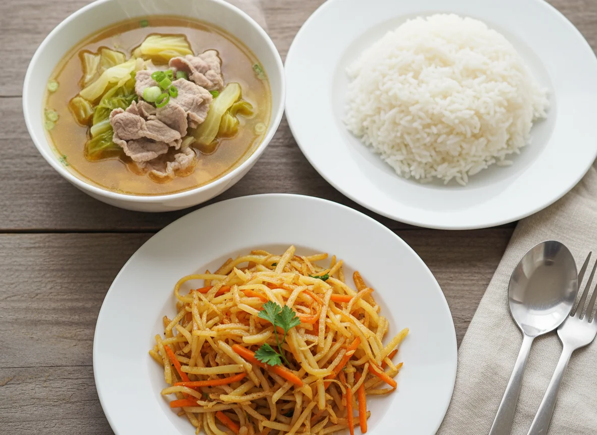 Home-style meal with rice, pork and cabbage soup, and shredded potato and carrot stir-fry photo