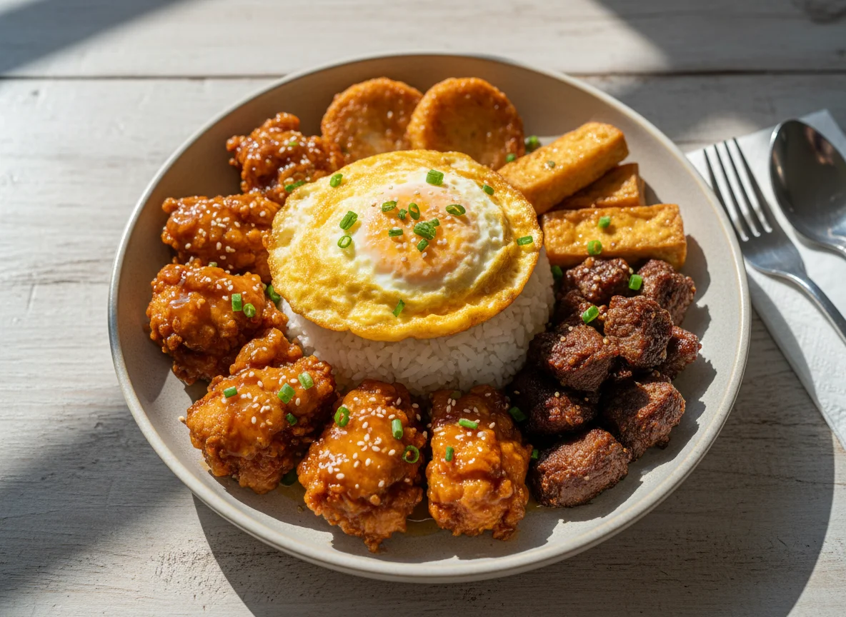 Honey chicken with rice and egg photo