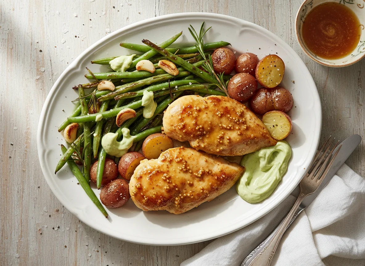 Honey Mustard Chicken with Roasted Rosemary & Garlic Green Beans photo