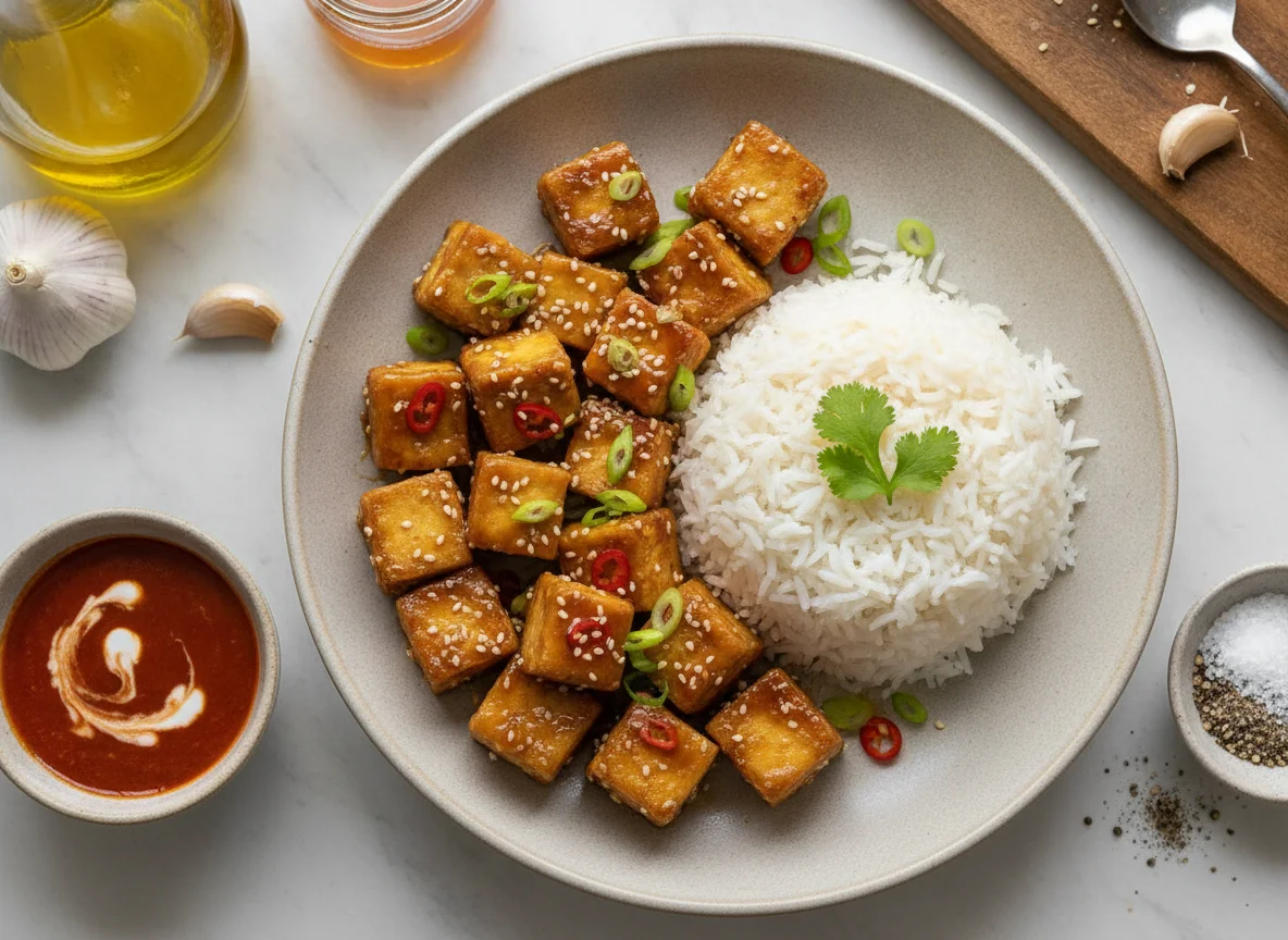 Honey soy tofu with steamed rice photo