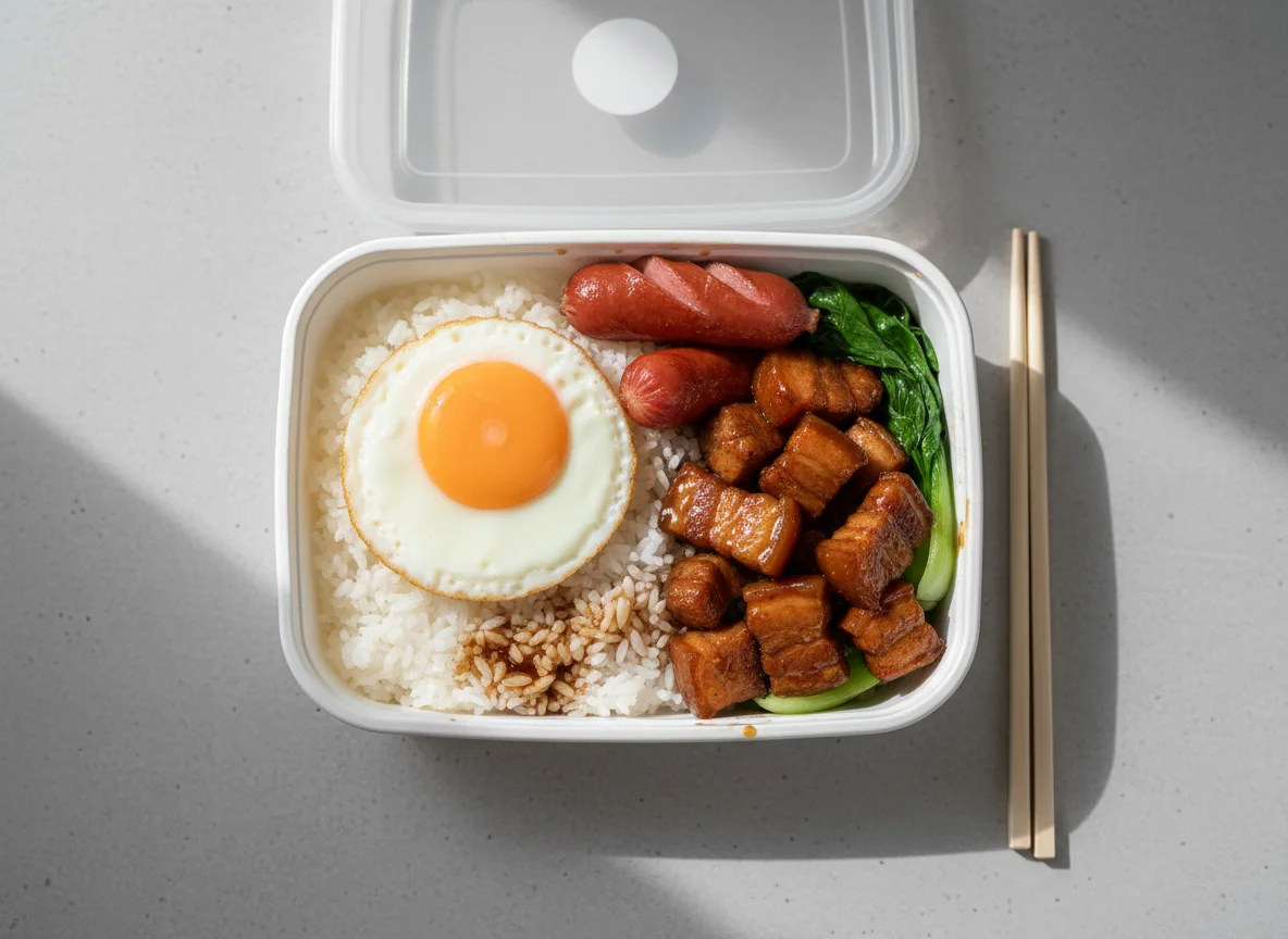 Hong Kong Style Lunchbox with Rice, Egg, Sausage and Pork photo