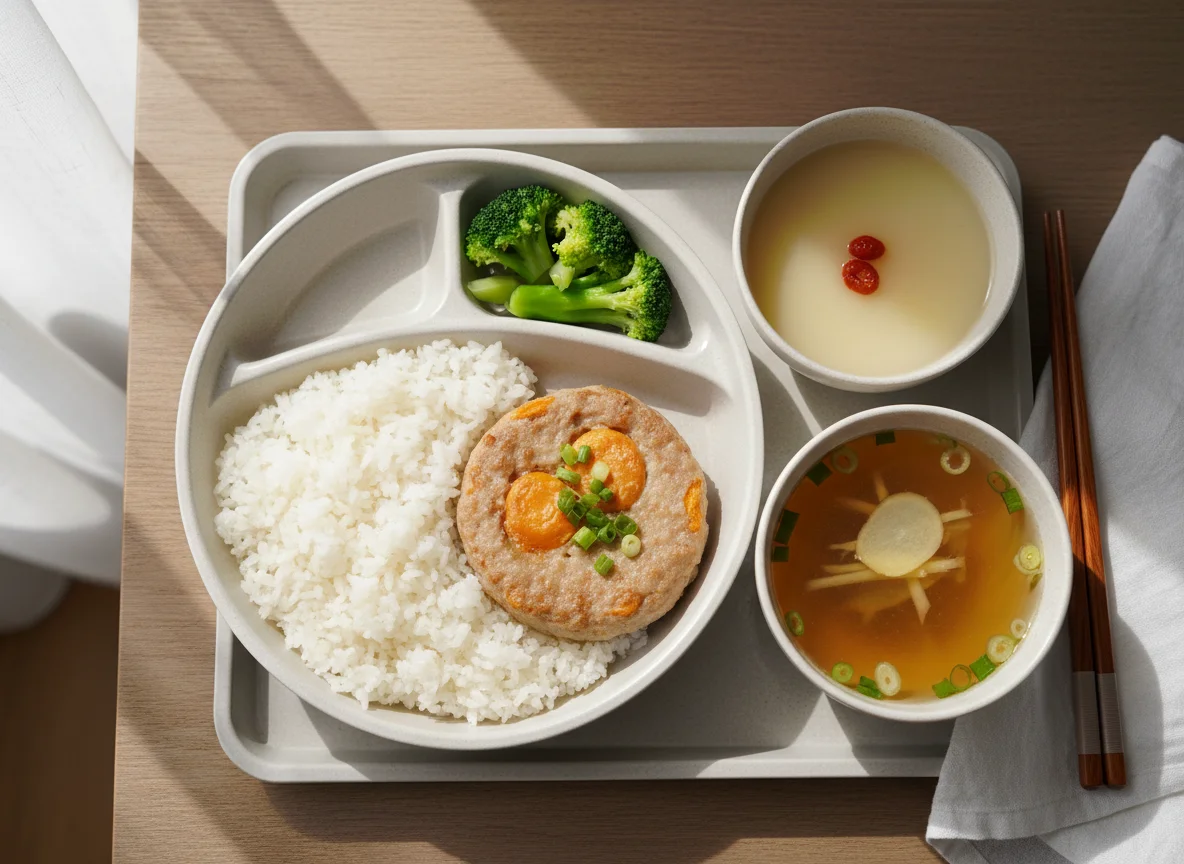 Hong Kong Style Lunchbox with Rice, Pork Patty, Vegetables and Soup photo