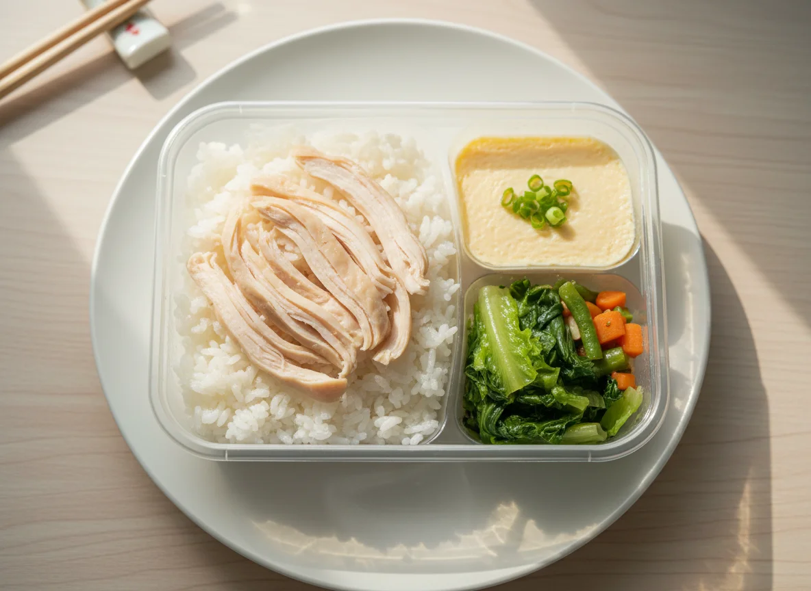 Hong Kong Style Lunchbox with Steamed Egg, Chicken, Rice and Vegetables photo