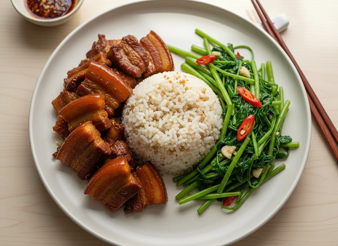 Hong Kong Style Meal with Stir-fried Water Spinach, Braised Meat, and Mixed Rice photo