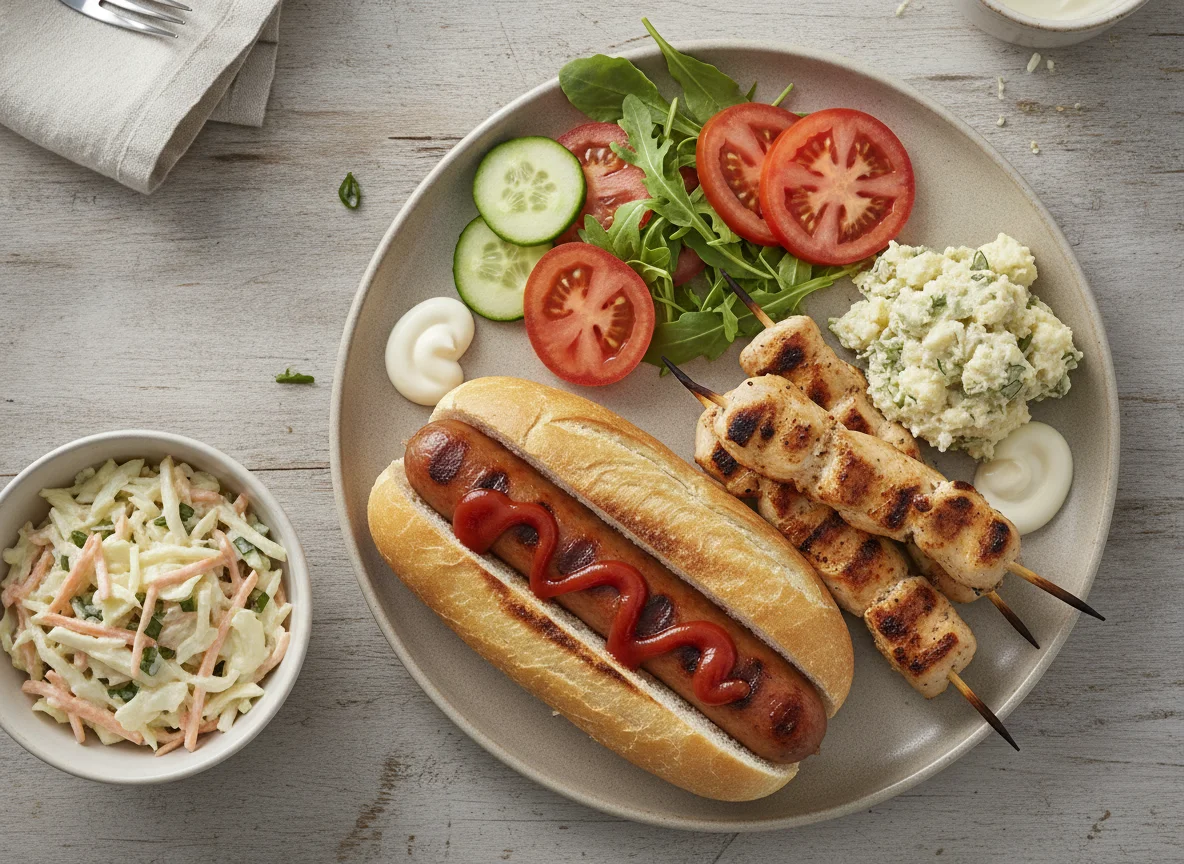 Hot dog and chicken skewers with side salad photo
