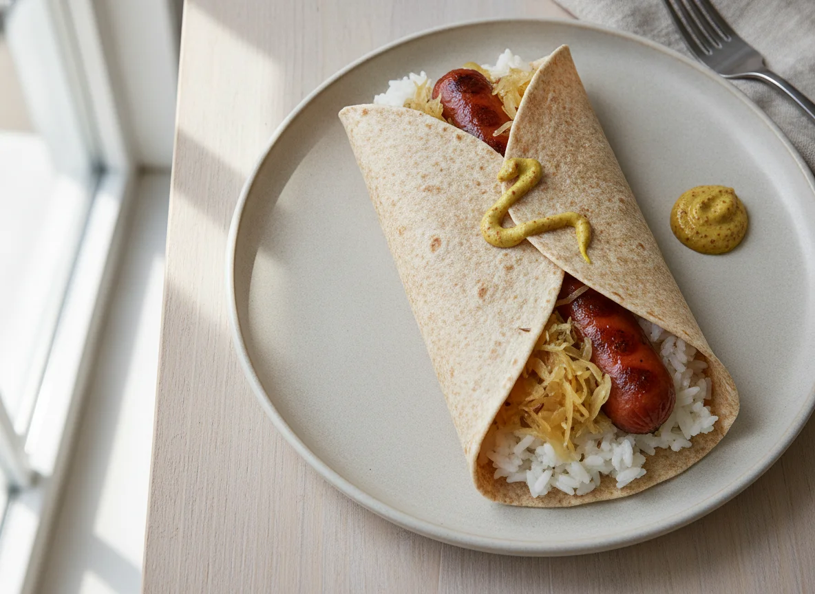 Hot Dog and Rice Wrap with Sauerkraut photo