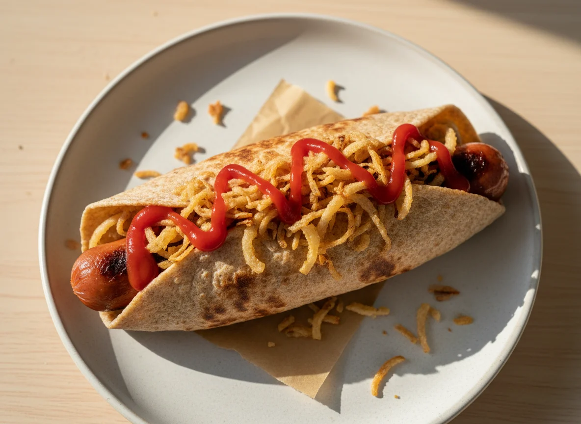 Hot dog in whole wheat tortilla photo