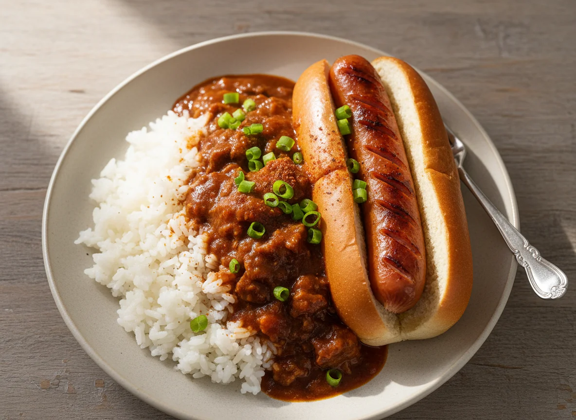 Hot dog, rice and stew photo
