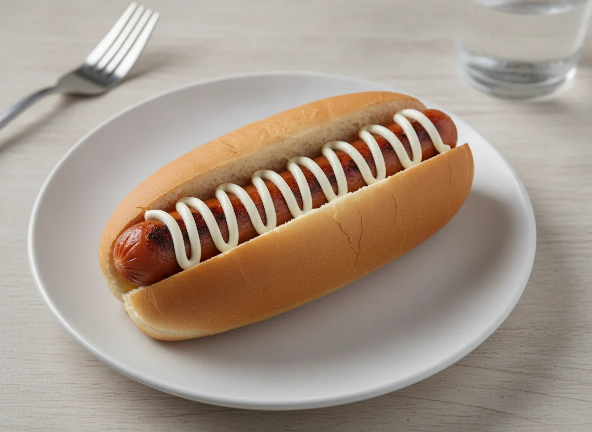 Hot dog sausage with bread and mayonnaise photo