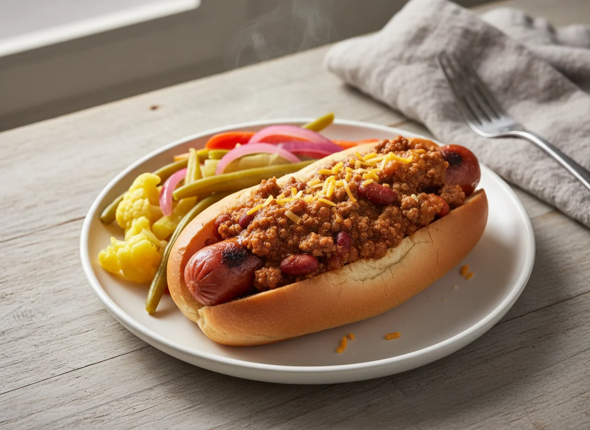 Hot Dog with Chili and Pickled Vegetables photo