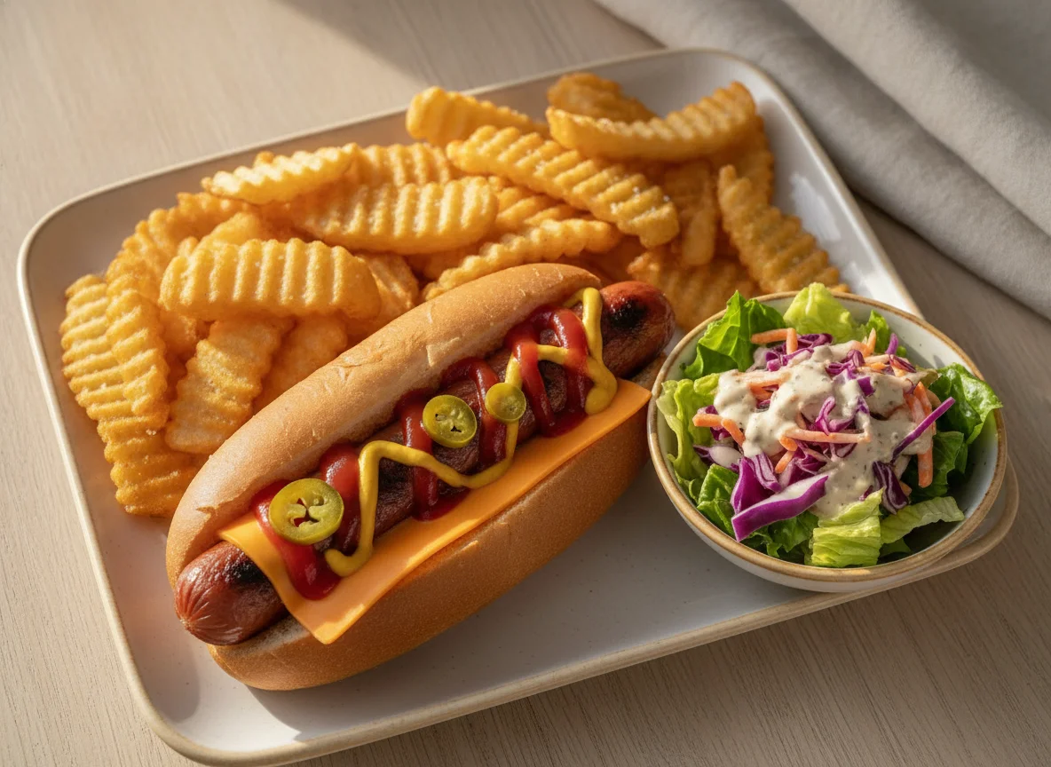 Hot dog with chips and side salad photo