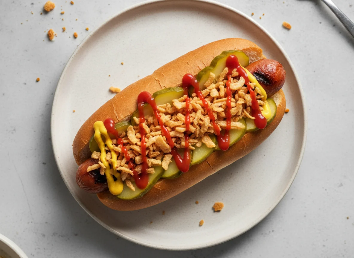 Hot Dog with Fried Onions and Pickles photo