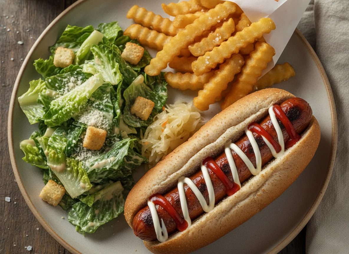 Hot Dog with Fries and Caesar Salad photo