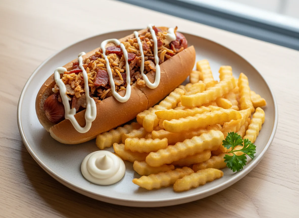 Hot Dog with Fries and Sauce photo