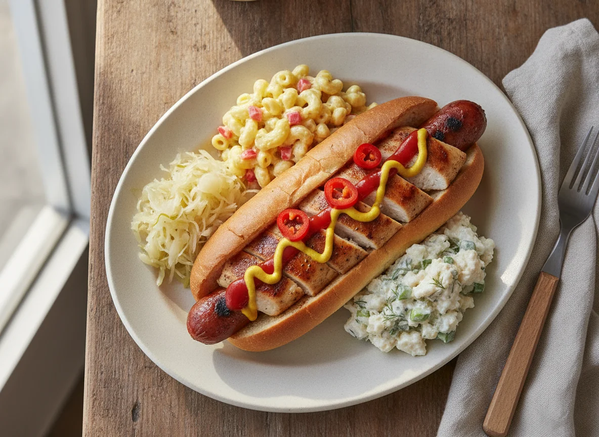 Hot Dog with Grilled Chicken and Salads photo