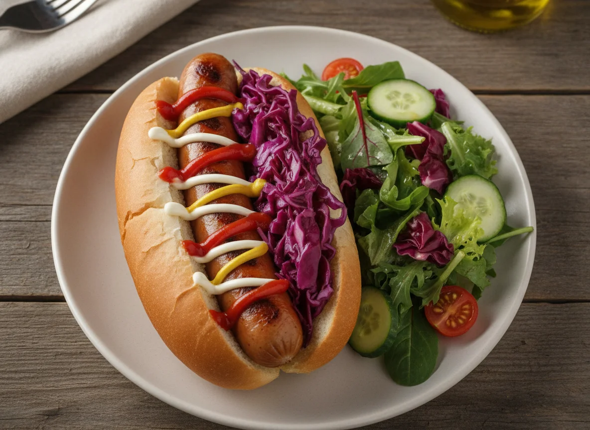 Hot dog with mixed salad and red cabbage photo