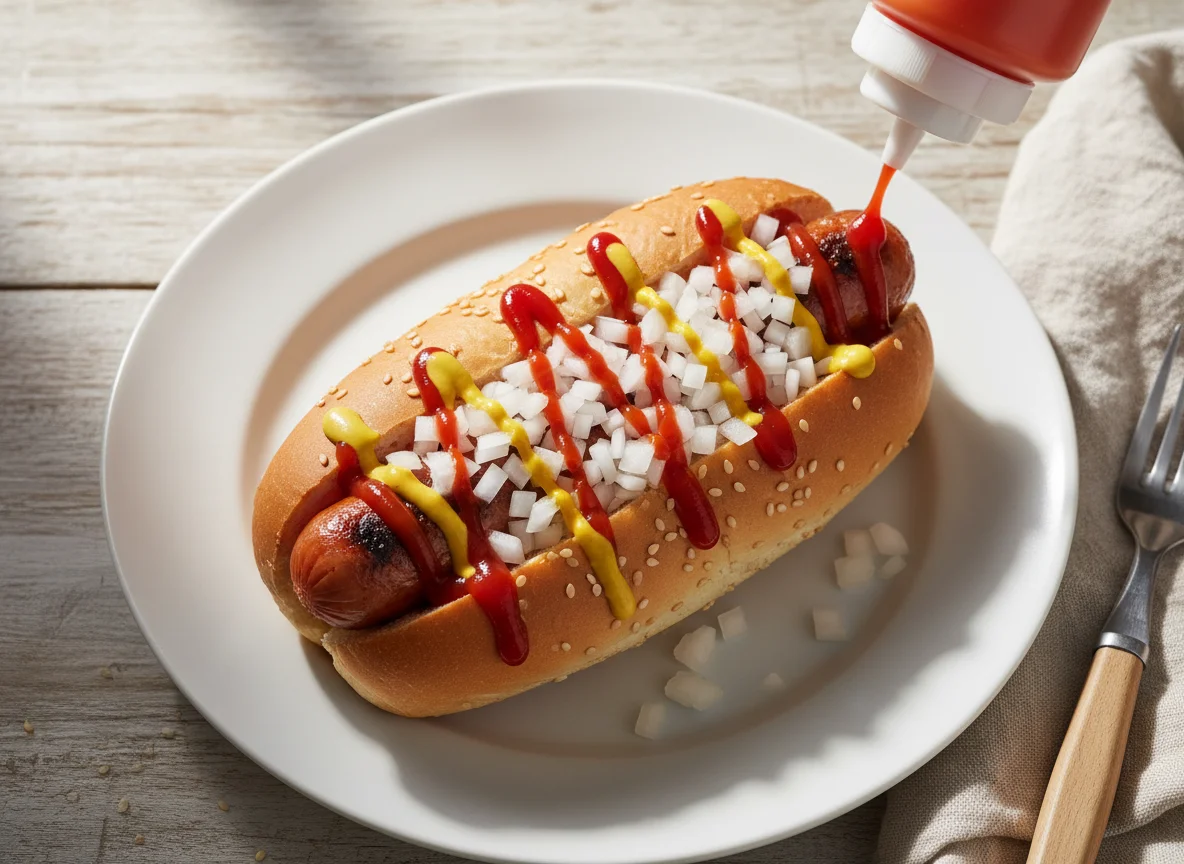 Hot Dog with Onions, Ketchup and Mustard photo