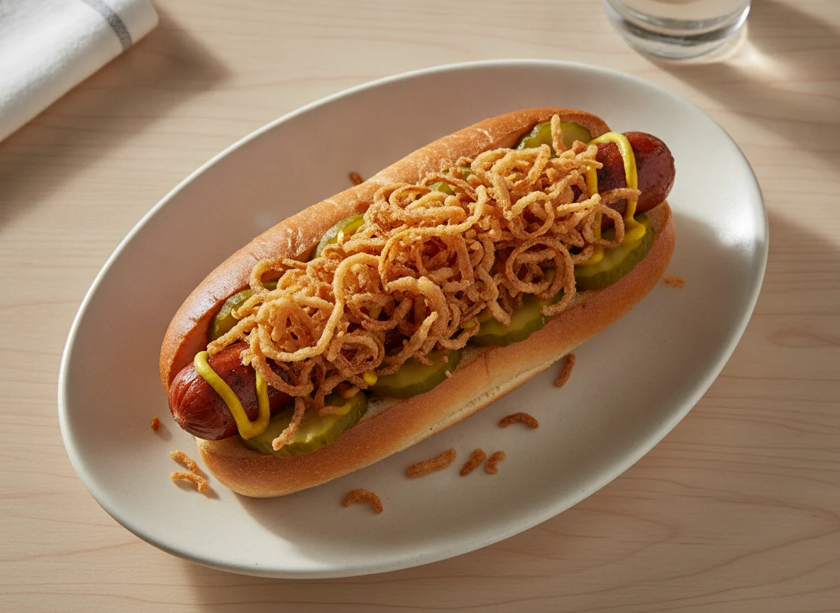 Hot Dog with Pickles and Fried Onions photo