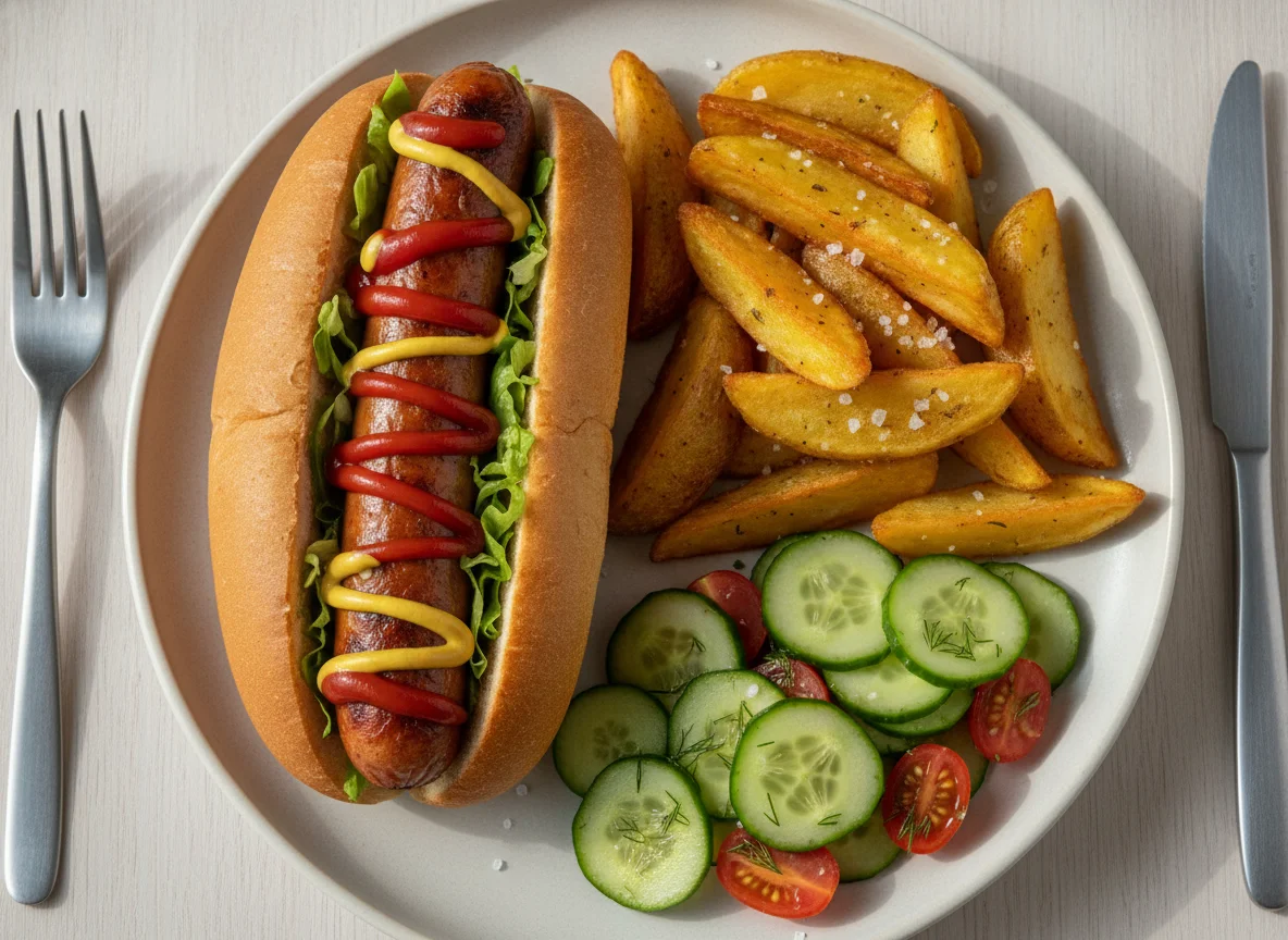 Hot Dog with Potato Wedges and Cucumber Salad photo