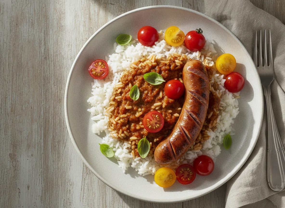 Hot dog with rice and cherry tomatoes photo