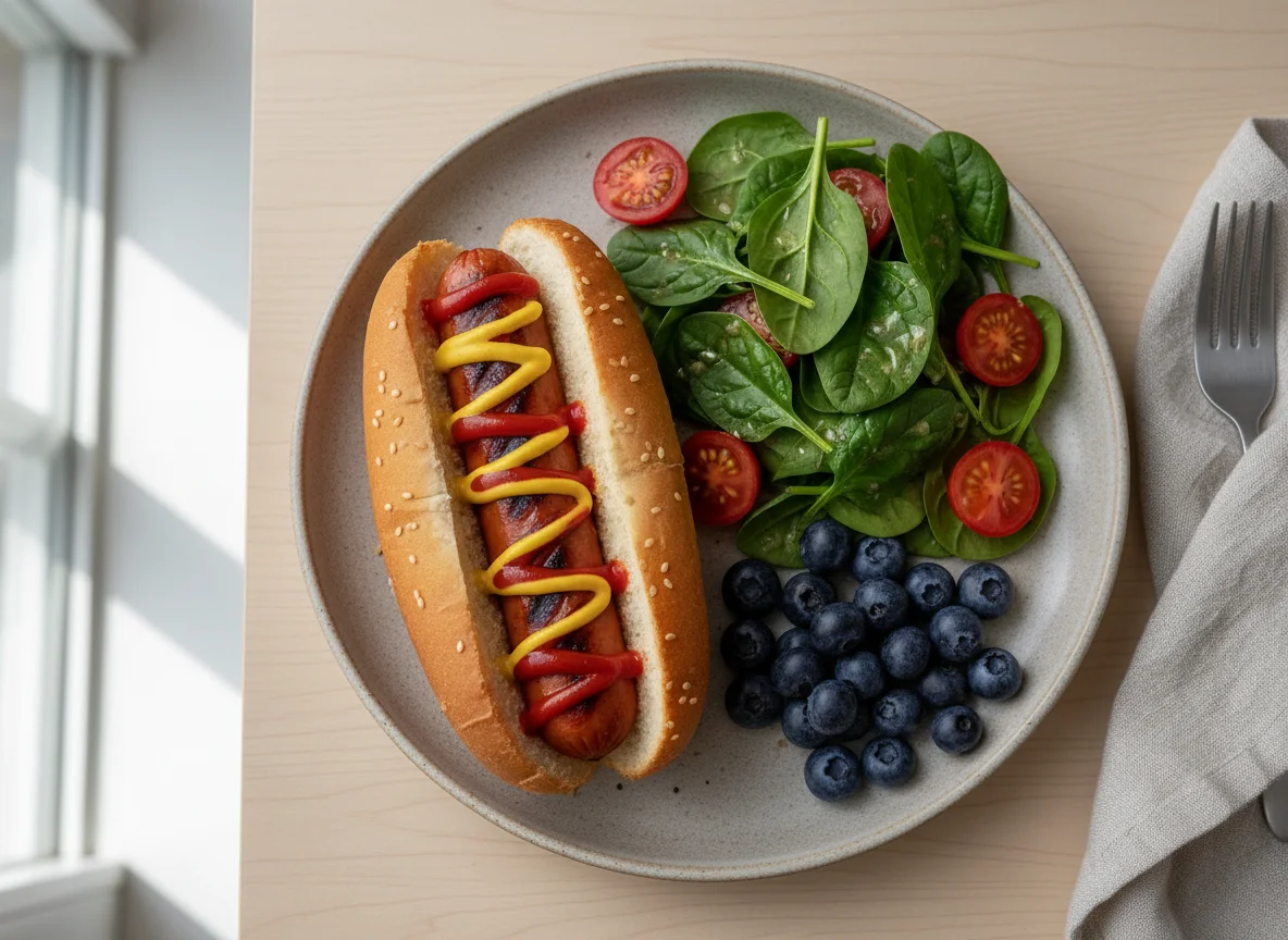 Hot Dog with Side Salad and Blueberries photo
