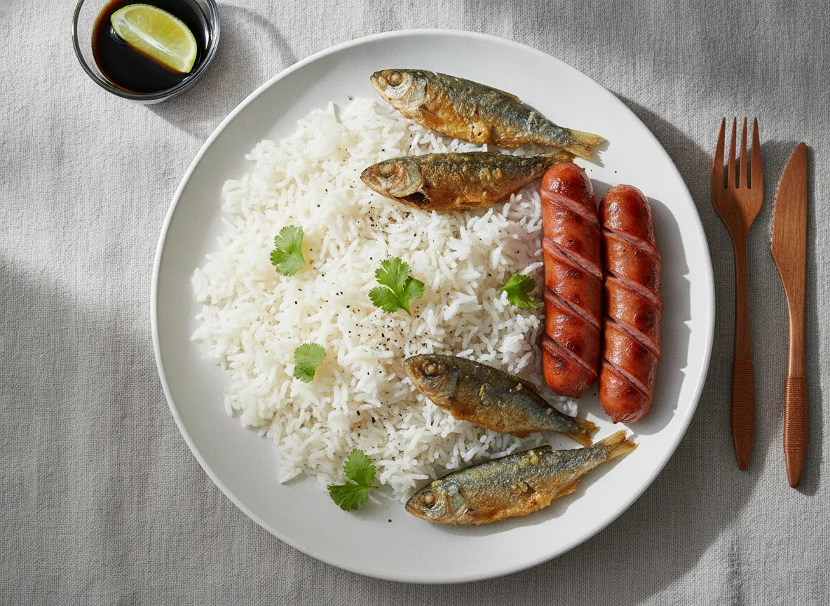 Hot Dogs, Fish, and Rice photo
