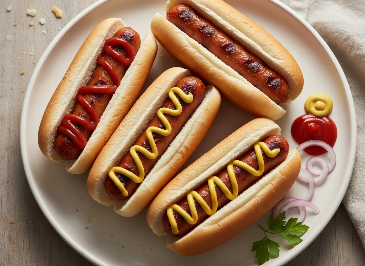 Hot dogs with bread and condiments photo