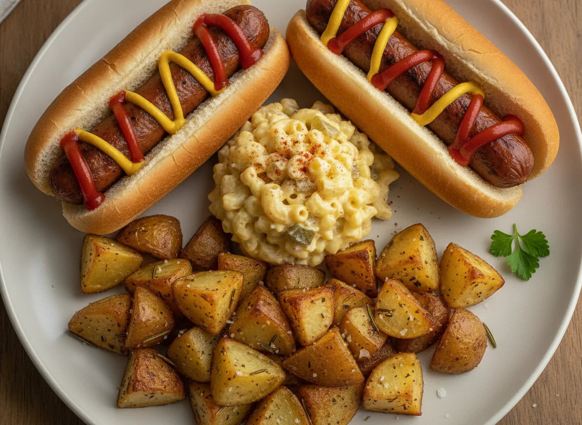 Hot Dogs with Macaroni Salad and Roasted Potatoes photo