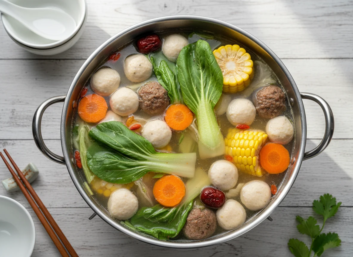 Hot Pot with Mixed Vegetables and Meatballs photo