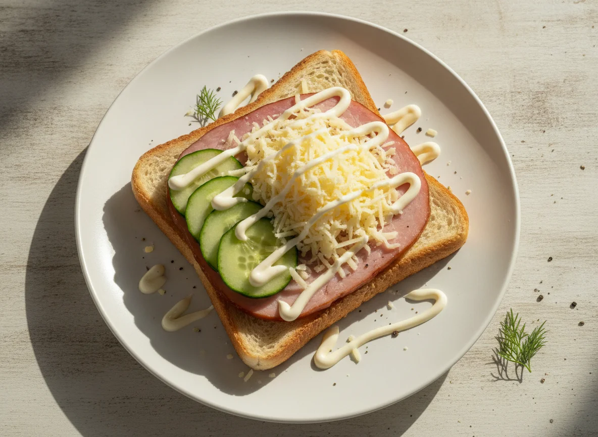 Hot sandwich with ham, cheese, and cucumber photo