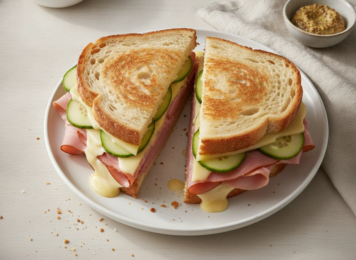 Hot sandwich with ham, cucumber and cheese photo