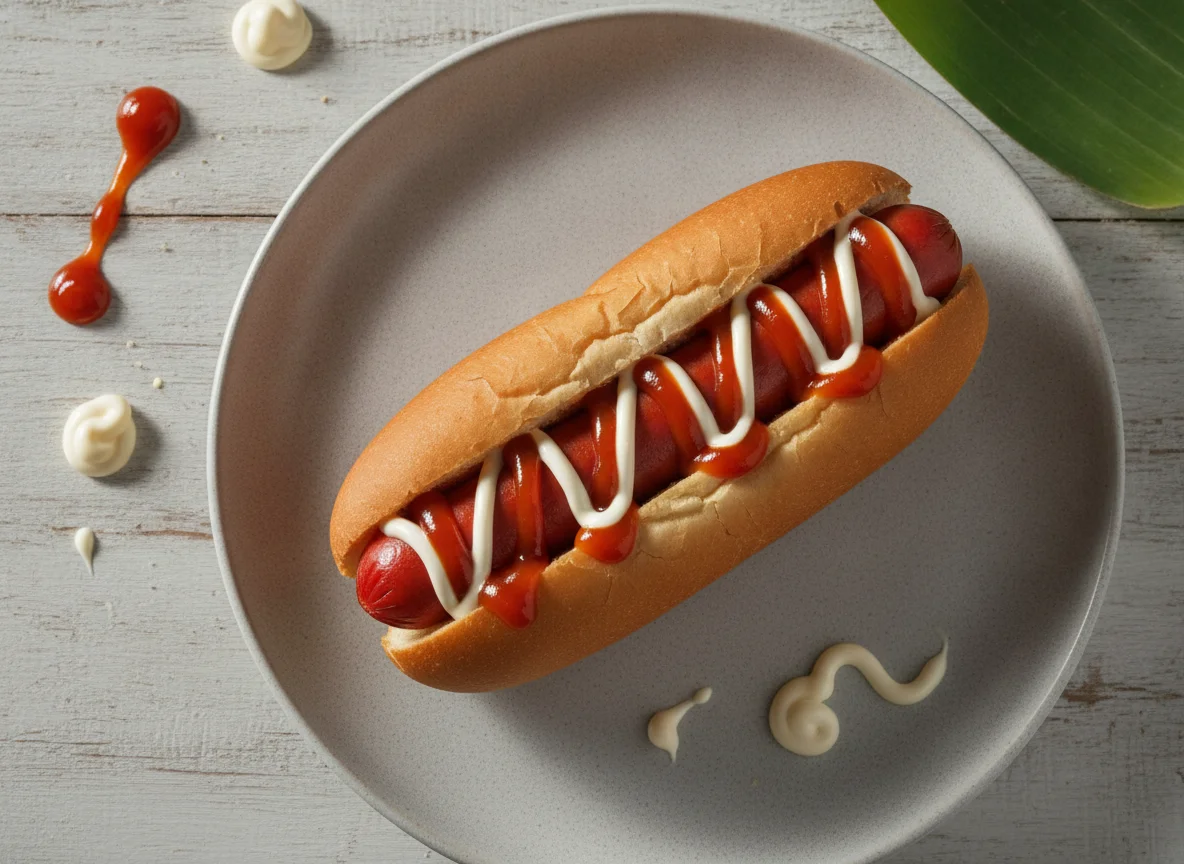 Hotdog Sandwich with Mayo and Ketchup photo