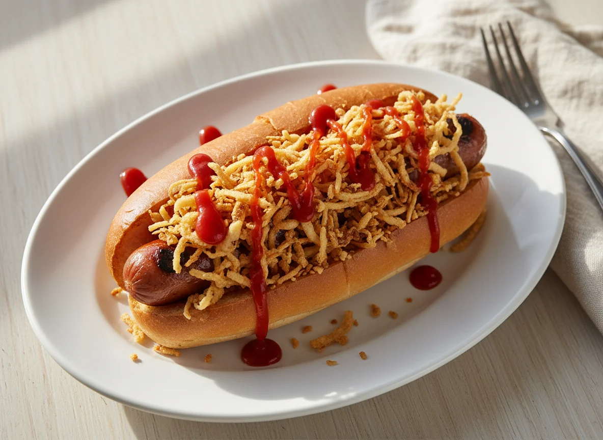Hotdog with crispy onions and ketchup photo