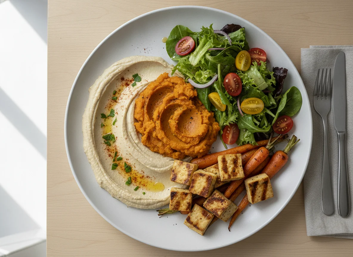 Hummus and Roasted Vegetable Plate with Side Salad photo