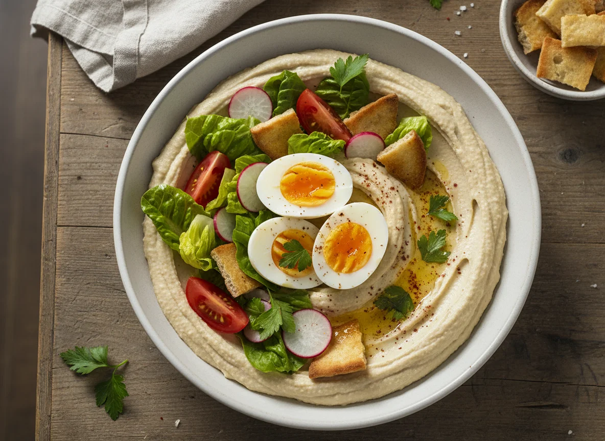 Hummus bowl with salad and egg photo