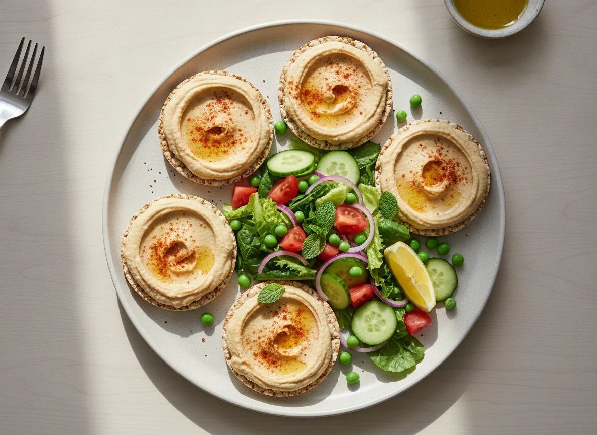Hummus on Rice Cakes with Fresh Salad photo