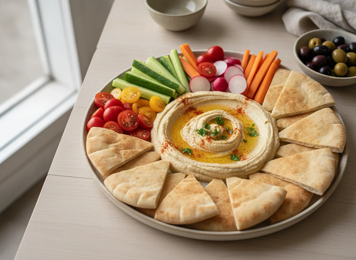 Hummus Platter with Pita and Vegetables photo